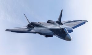 Jet tempur siluman Sukhoi Su-57 Rusia terbang di udara. (Foto: United Aircraft Corporation)